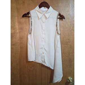 BCBGeneration Small Ivory Asymmetrical Sleeveless Blouse Gold Chain Trim Top